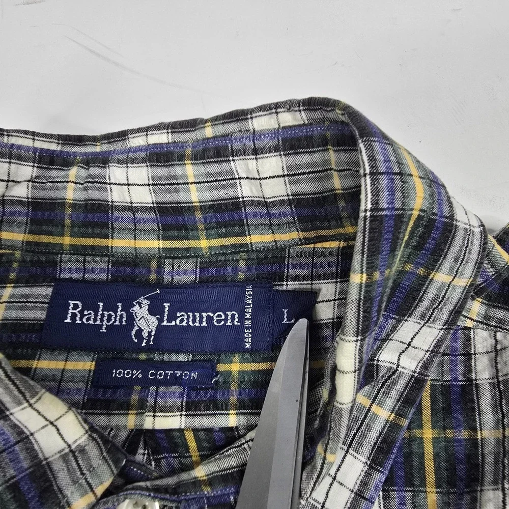 VTG POLO RALPH LAUREN Men L Plaid SEERSUCKER Button-Up‎ Shirt GREEN PONY Golf